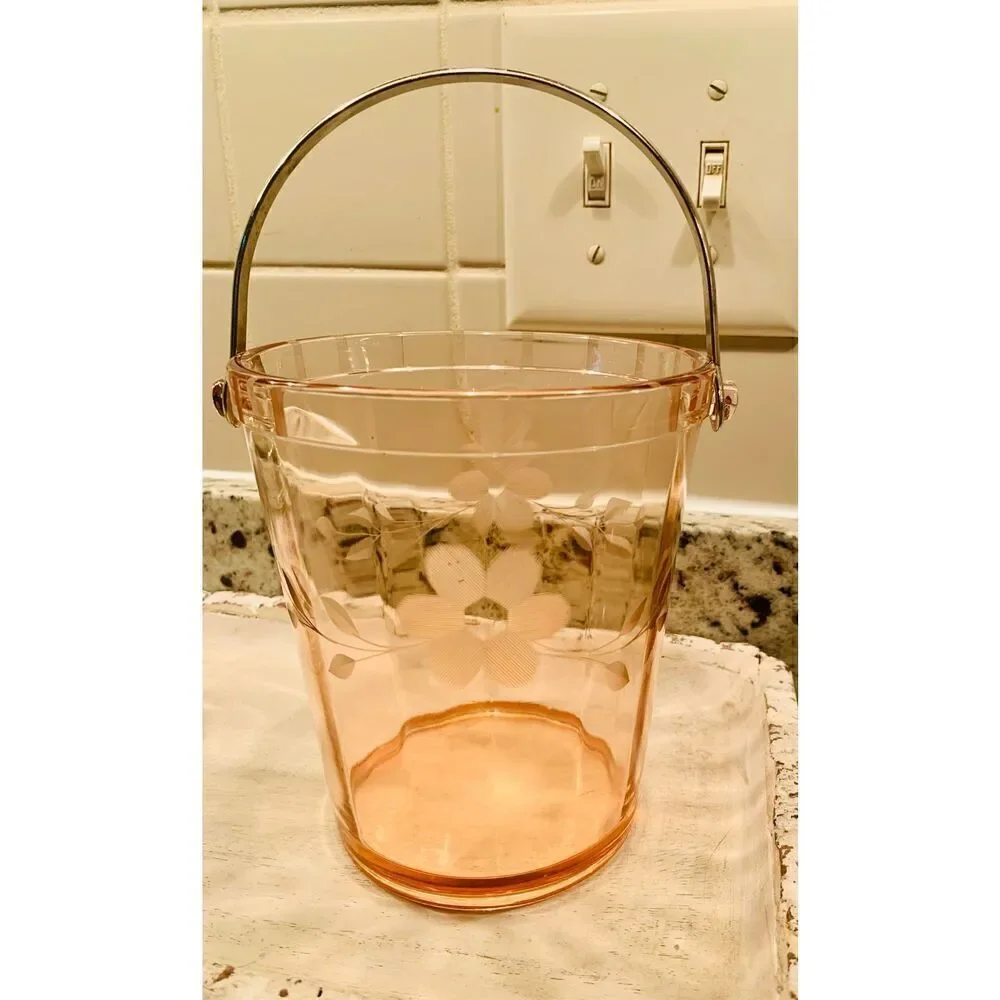 Vintage depression art deco pink etched floral glass ICE BUCKET with handle
